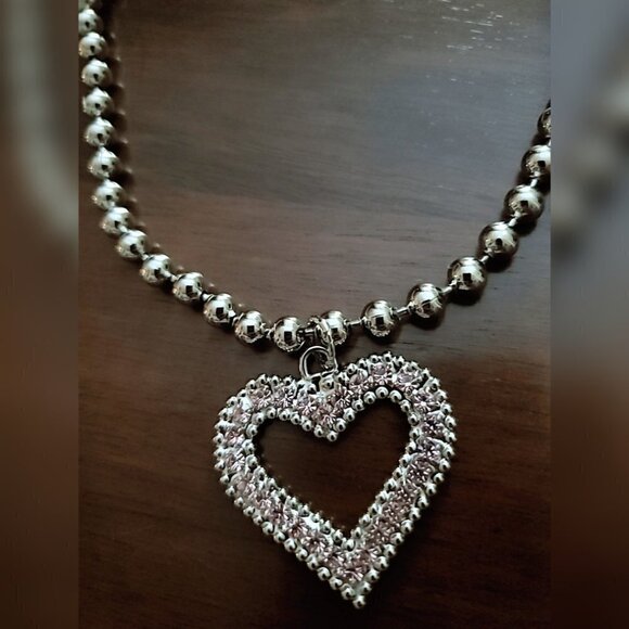 💃  Silver Balls Dog or Cat Neck chain With Heart Rhinestones Pendant 🌴 - Picture 3 of 7
